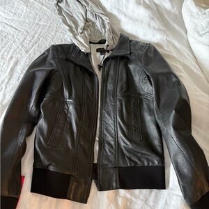 Danier Black Leather Bomber Jacket with Gray Hoodie